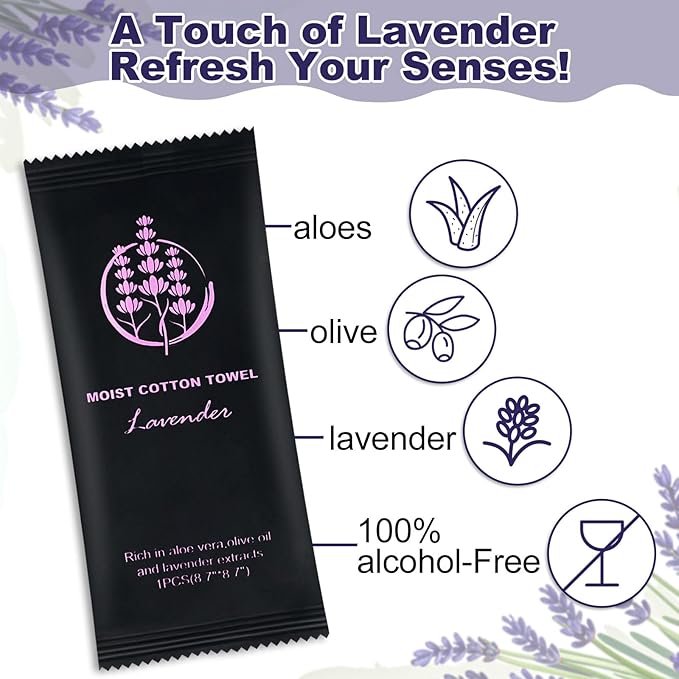 Moist Cotton Towel Bulk Moist Towelettes Individually Wrapped,White Towel Services,Refreshment Pre Moistened Towels for Dentist Travel Sport Party Hotel （Lavender,50)