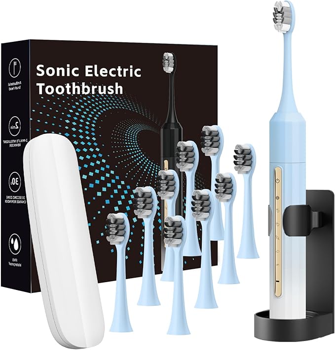 Lumivoid Sonic Electric Toothbrush for Adults & Kids - 10 Brush Heads, 30-Day Battery, 5 Modes, 2-Min Timer, IPX8 Waterproof, Rechargeable & Travel-Friendly (Blue White)