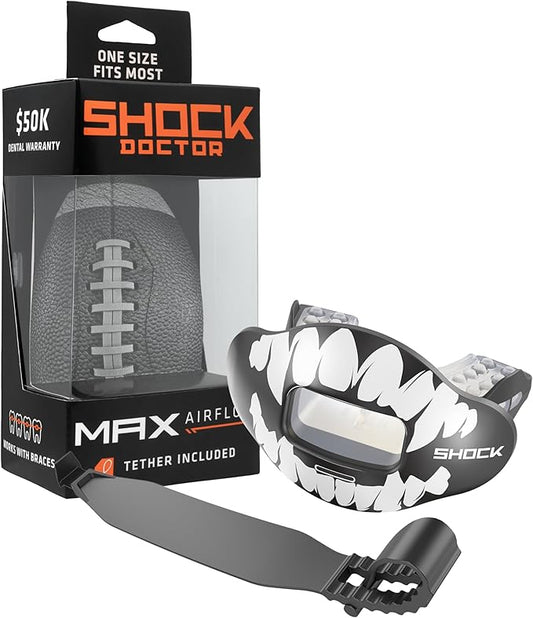 Shock Doctor Lip Guard, Adult and Youth Mouth Guard Football with Strap, Breathable Wide Opening Football Mouthpiece for Youth and Adults OSFA, Shock Doctor Mouth Guards, Max Airflow