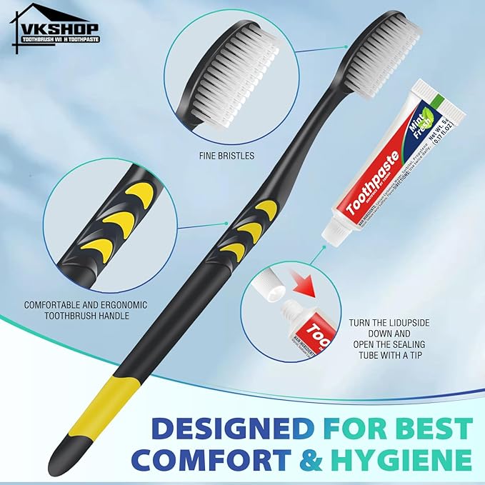 Disposable Toothbrush with Toothpaste, 12 Pack Individually Wrapped Travel Toothbrushes Set, Portable & Hygienic for Camping, Travel, Hotel, Flight, Party, Daily Use (Black, 5g Toothpaste)