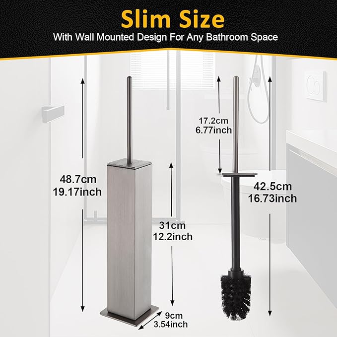 Toilet Brush and Holder Floor Standing, Brushed Nickel with 2 Replaceable Heads, Freestanding Toilet Bowl Brush with Removable Liner and Splash Guard, Modern Square Design
