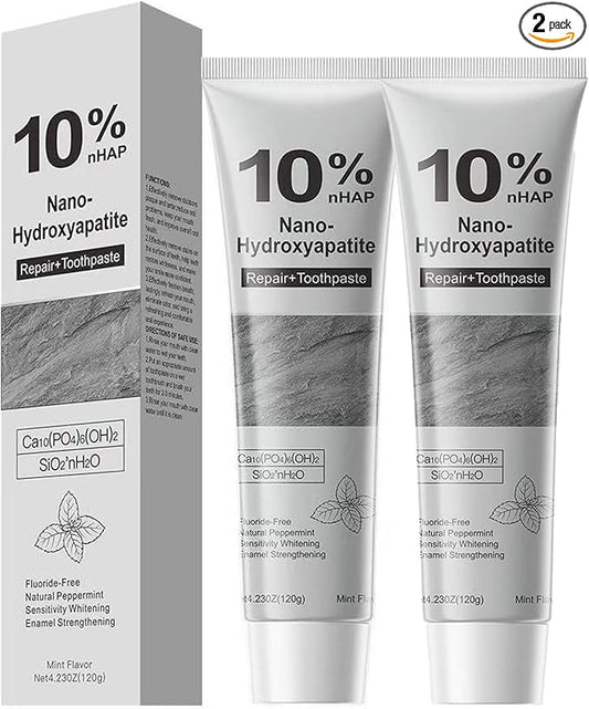 10% Hydroxyapatite Toothpaste for Advanced Enamel Repair & Sensitivity Relief, Fluoride-Free, Fresh Mint, Gentle Daily Toothpaste for Whitening & Fresh Breath (2-Pack)
