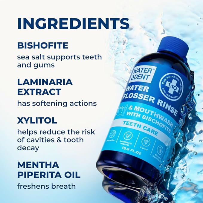 Concentrated Water flosser Rinse & Mouthwash | Add to Oral irrigator | Mint Flavor | When dilluted 186 fl.oz | Alcohol and Fluoride Free. Made in USA | Pack of 1 = 16.9 fl.oz WATER DENT