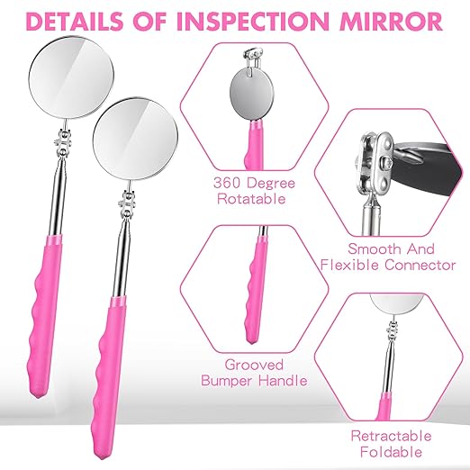 2 Pcs Telescoping Inspection Mirrors, Mechanics Mirror Tool with Long Handle, Round Extendable Mirror on a Stick for Technicians Mechanics Contractors Checking Observation(50mm,Pink)