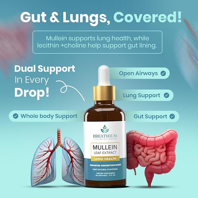 4-in-1 Mullein Drops for Lungs & Gut Health – Liposomal Mullein Leaf Extract, Sunflower Lecithin & Choline for Immune, Digestive, Allergy & Mucus Relief – Made in USA – 4oz Peppermint