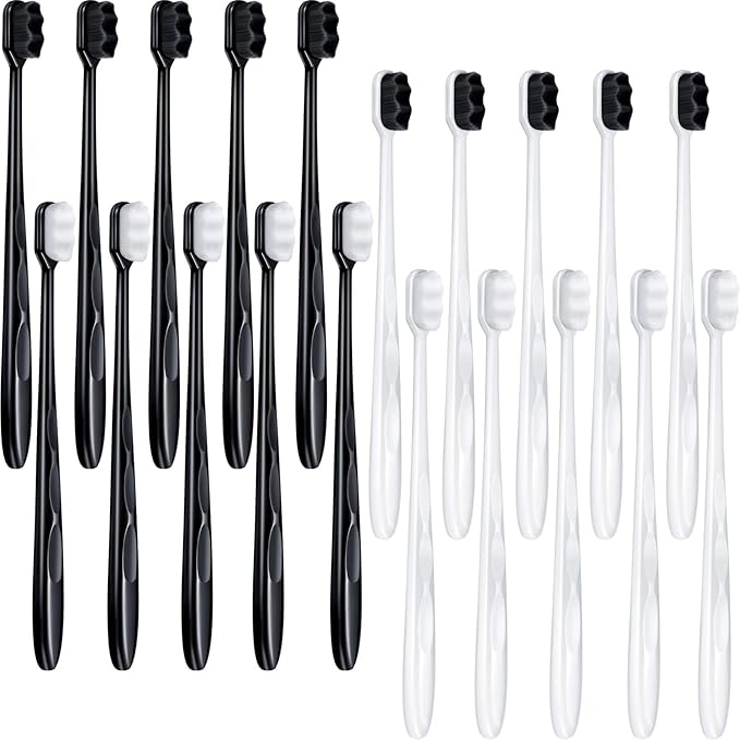 Patelai 20 Pieces Extra Soft Toothbrush Micro Nano 20,000 Bamboo Charcoal Bristles Toothbrush Soft Bristle for Fragile Teeth Oral Gum Recession, Black and White