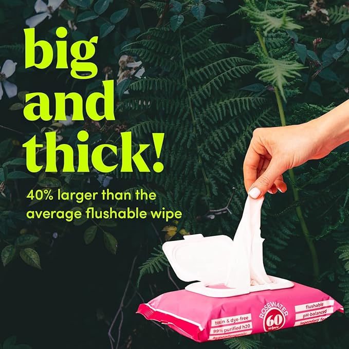Goodwipes Flushable Wipes – Made with Vitamin E & Aloe – Soft, Individually Wrapped Butt & Feminine Cloths for On-the-Go & Travel Use – Largest Adult Toilet Towelettes – Rosewater, 1 pack, 32 count