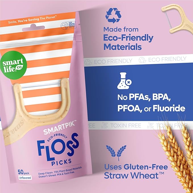 SmartLifeco Eco-Friendly Dental Floss Picks (200ct) - Flossers Made With Straw Wheat Blend, Strong Anti-Shred Thread For Tight Gaps, Tooth Pick Stick For Adults, Soft on Gum & Teeth, Vegan, Unflavored