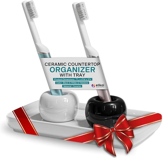 ELIKAI Ceramic Toothbrush Holder Set with Tray, Countertop Organizer for Bathroom, Storage Solution for Toothbrushes, Bathroom Accessories – Black/White – 2 Pack