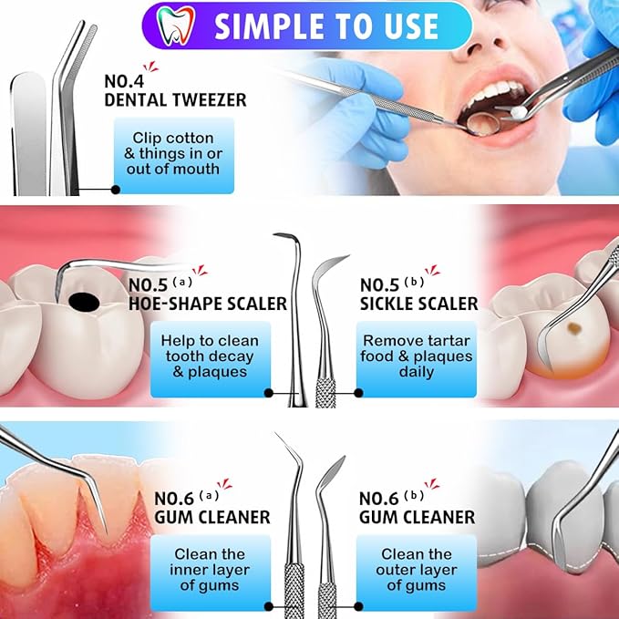 G.CATACC Dental Tools, Dental Pick Teeth Cleaning Tools Hygiene Kit, Plaque Remover for Teeth, Professional Stainless Steel Tooth Scraper Plaque Tartar Cleaner - with Case