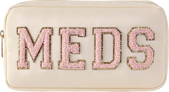 uekeboag Personalized Chenille Letter Patch MEDS Bag,Cute Nylon Drug Medicine Travel Makeup Bag with Zipper, Preppy Vitamin Organizer Bag for Women and Girls (02Beige-Pink)