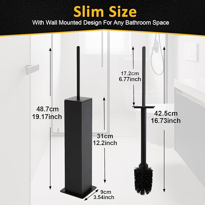 Toilet Brush and Holder Floor Standing, Black with 2 Replaceable Heads, Bathroom Toilet Brush, Freestanding Toilet Bowl Brush with Removable Liner and Splash Guard, Modern Square Design