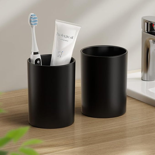 Toothbrush Cup 13.75oz 390ml with Non-Slip Pad, Easy to Clean Bathroom Cup 2Pcs, Reusable Plastic Bathroom Tumbler,Black