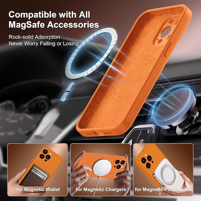 Magnetic for iPhone 15 Pro Case, Compatible with MagSafe, with 9H Nano Screen Protectors, Full Camera Protection, Silicone Shockproof Microfiber Lining Phone Case 6.1", Kumquat