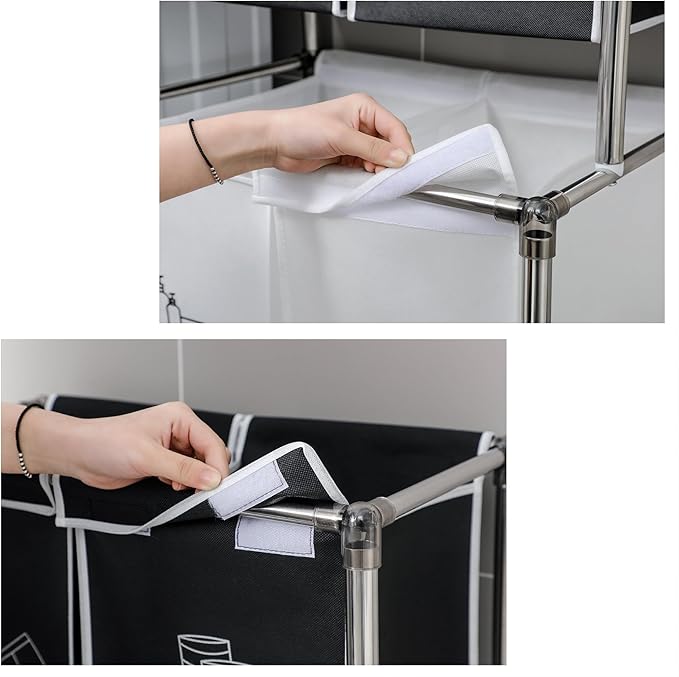 2-3 Tier Laundry Hamper with Removable Fabric Bins, Freestanding Laundry Sorter Organizer with Hooks, Foldable Sorting Basket for Bedroom, Bathroom & Dorm (2-Tier)