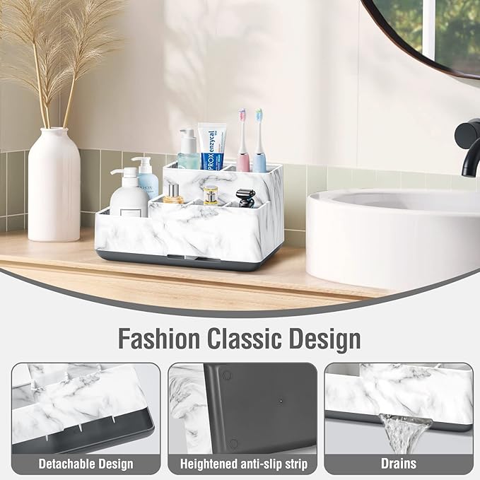 Toothbrush Holders for Bathrooms, Plastic Bathroom Countertop Organizer Compartment, Vanity Organizer Tray,Countertop Organizer Box, Kids Desk Organizers and Storage,White Marble Pattern