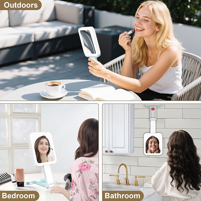 Mocado Travel Makeup Mirror with Lights,10X/1X Magnifying Mirror with Light, Double Sided Travel Mirror with 3 Color Light,Dimmable Touch, Lighted Makeup Mirror for Tabletop, Handheld, Hanging(Blue)