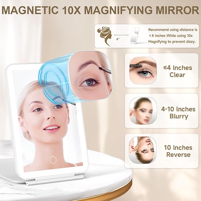 Mocado LED Foldable Travel Makeup Mirror - 5x7 inches 3 Colors Light Modes USB Rechargeable Touch Screen, Portable Tabletop Cosmetic Mirror for Travel, Cosmetic, Office (White)