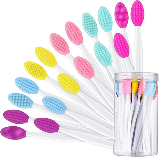 Patelai 24 Pcs Silicone Exfoliating Lip Scrub Brush with Container Double Sided Silicone Lip Scrubber Soft Cleaning Brush for Men Women Lightening for Dark Lips(Mixed Colors)