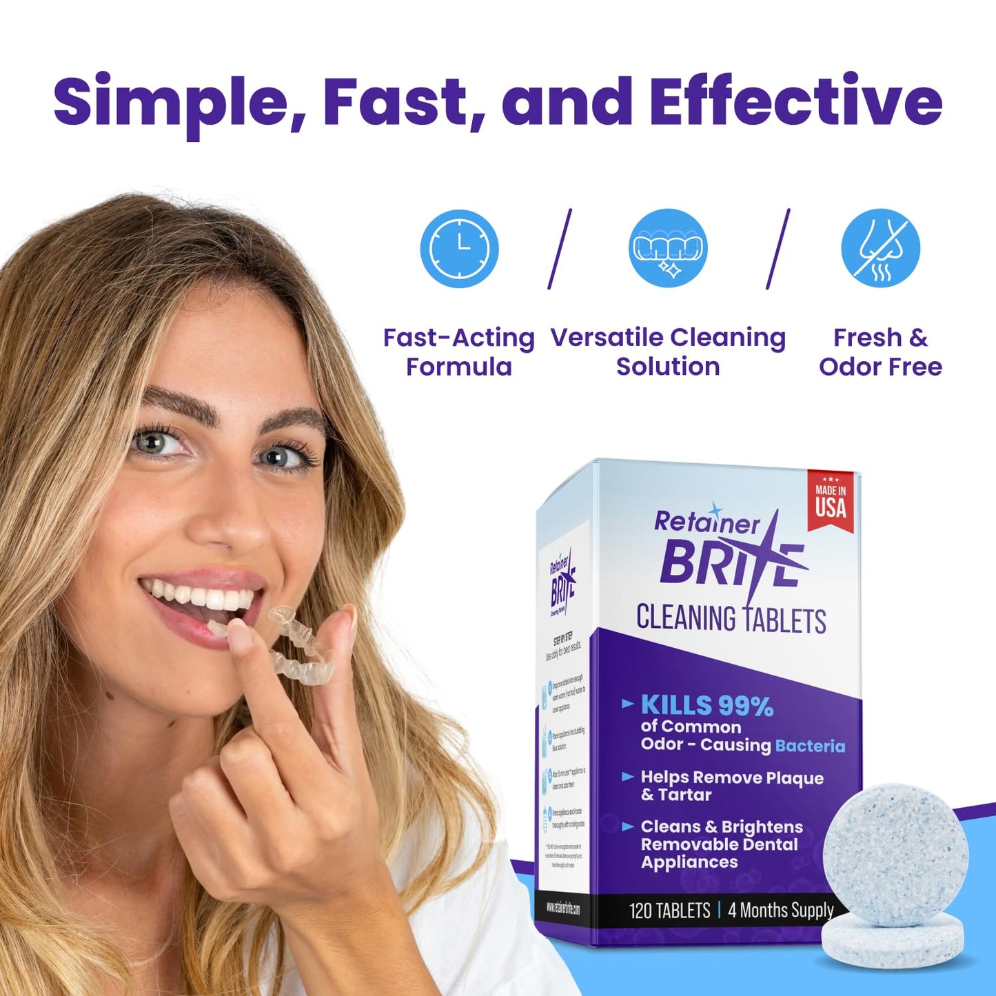 Retainer Brite Cleaning Tablets – For Retainers, Aligners, Nightguards & Mouthguards, 3-Month Supply, 96 Count