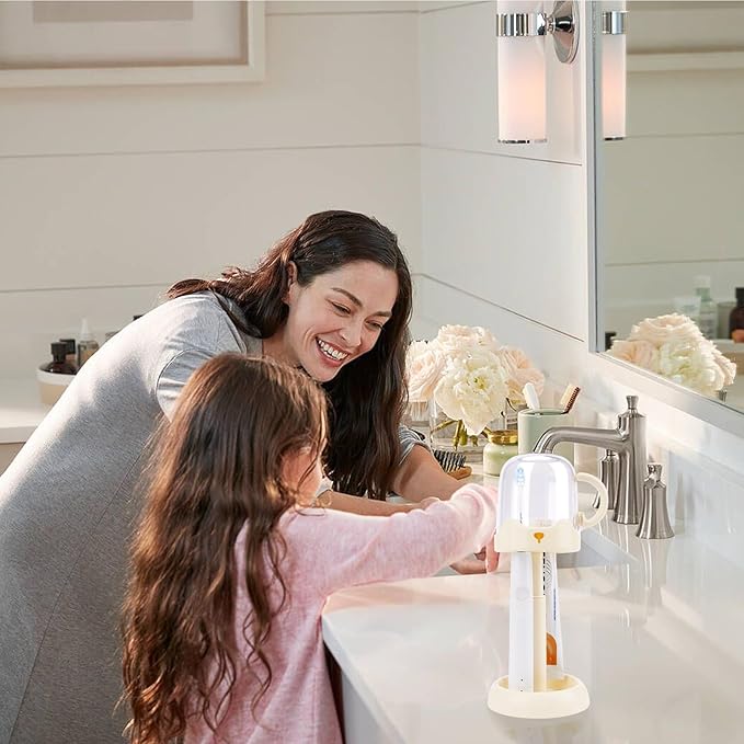 Adjustable Electric Toothbrush Holder with Cup - Height Adjustable Stand Organizer for Bathroom Vanity, Fits Manual & Electric Brushes, Toothpaste Storage (Cream)