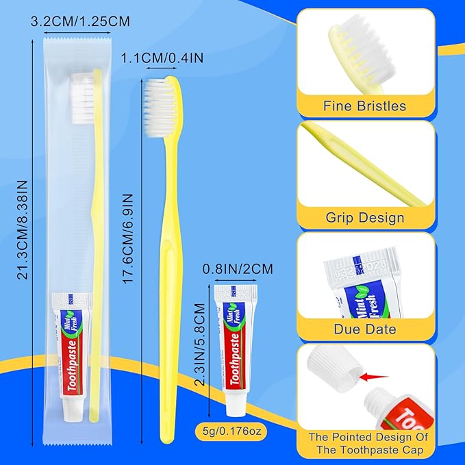 Yellow Disposable Toothbrushes with Toothpaste - Pack of 200,Individually Wrapped Single Use Travel Toothbrushes Kit Bulk for Homeless,Guests,Hotel,Dentist