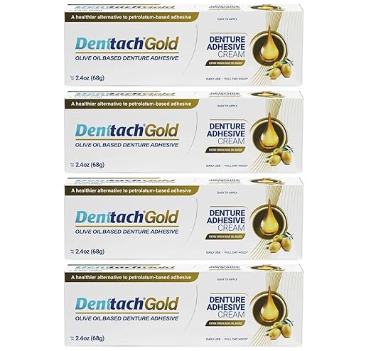 Denttach Gold Denture Adhesive, Petroleum Free Olive Oil Based Premium Denture Adhesive Cream for Full and Partial Dentures, All Day Secure Hold Denture Glue, Zinc Free, 2.4 Ounce