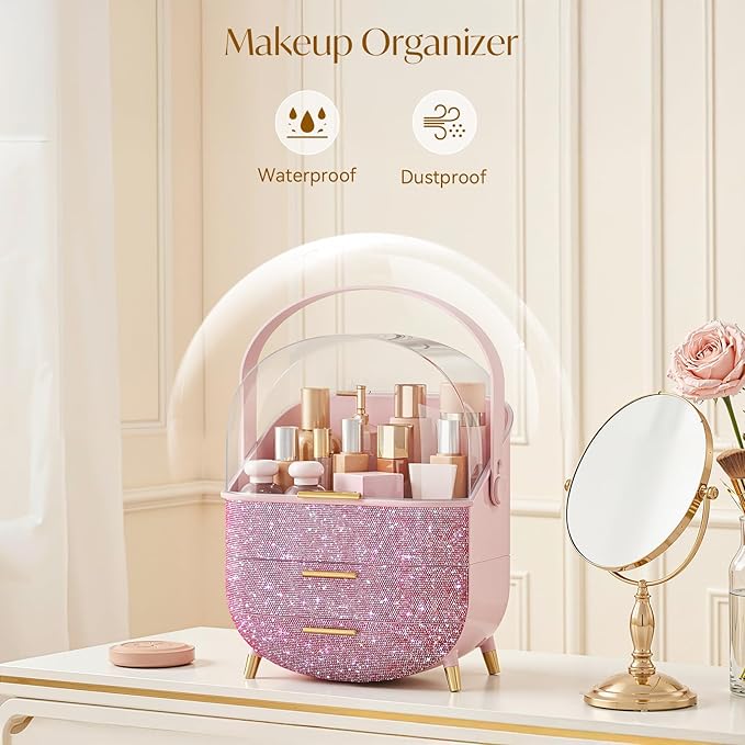 Bling Makeup Organizers for Teen Girl Gifts, Cosmetic Display Case with Clear Cover, Vanity Makeup Organizers for Lipstick Perfume Lotion and Skincare, Pink Diamond