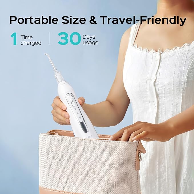 COSLUS Water Flosser Pick with 30pcs Whitening Mint Flavor Refill Combo for Teeth, Braces, Gums Care - Easy to Use, Portable for Travel & Coffee Lovers, Rechargeable, BPA-Free, White, W40(F5020E)