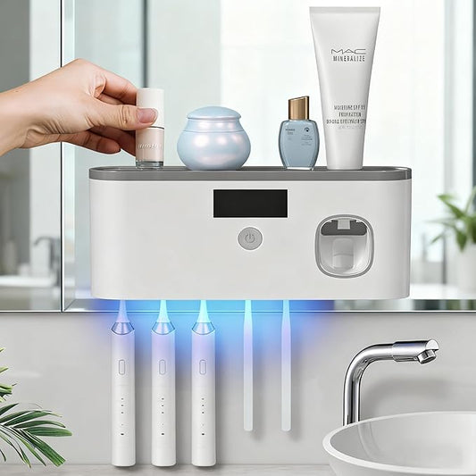Toothbrush Holders for Bathrooms, Toothbrush Holder Wall Mounted with Toothpaste Dispenser Bathroom Solar Charging and No Drilling Required Tooth Brush Holder with 5 Brush Slots（Gray）