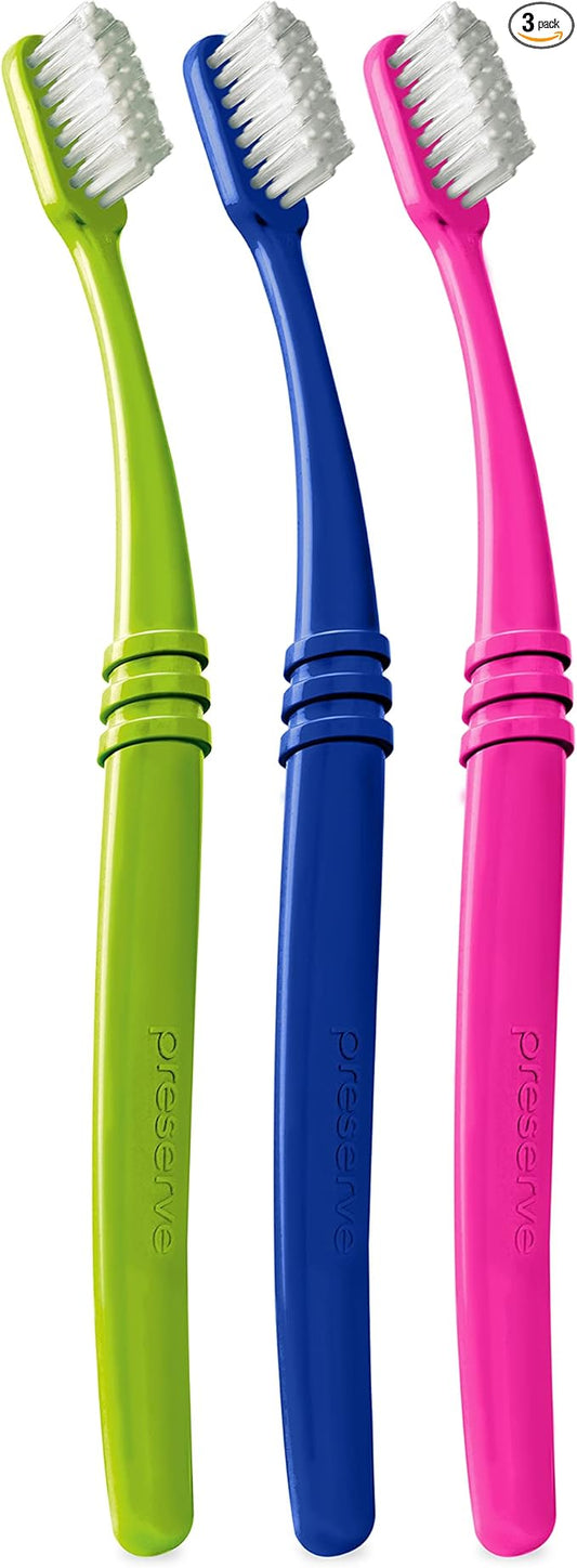 Preserve Eco Friendly Adult Toothbrushes, Made in The USA from Recycled Plastic, Lightweight Paper Packaging, Medium Bristles, Colors Vary, 3 Count