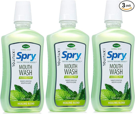 Spry Natural Xylitol Mouthwash Fluoride Free with Enamel Support, Alcohol-Free, Gentle, Non-GMO, Herbal Mint - 16 fl oz (Pack of 3)
