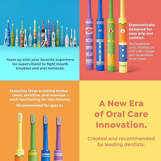 SuperMouth Smile Sidekick Sonic Toothbrush for Kids – Rechargeable, 3 Brushing Modes, Ultra-Soft Bristles, 2-Min Timer, Replaceable Brush Head – Includes Augmented Reality Sticker to Teach Brushing