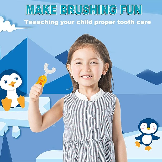 Kids Electric Toothbrush, U-Shaped Automatic Toothbrush,360° Cleaning with Three Types of Brush Heads,Large for 7-12 Years,Cartoon Modeling,Yellow,1 Pack