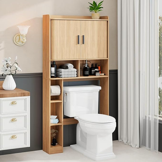 Over The Toilet Storage Cabinet,Farmhouse Toilet Cabinet Rack with 2 Tambour Sliding Doors and Toilet Paper Holder Stand，Toilet Shelf Space Saver with Towel Rack for Bathroom, Restroom, Laundry
