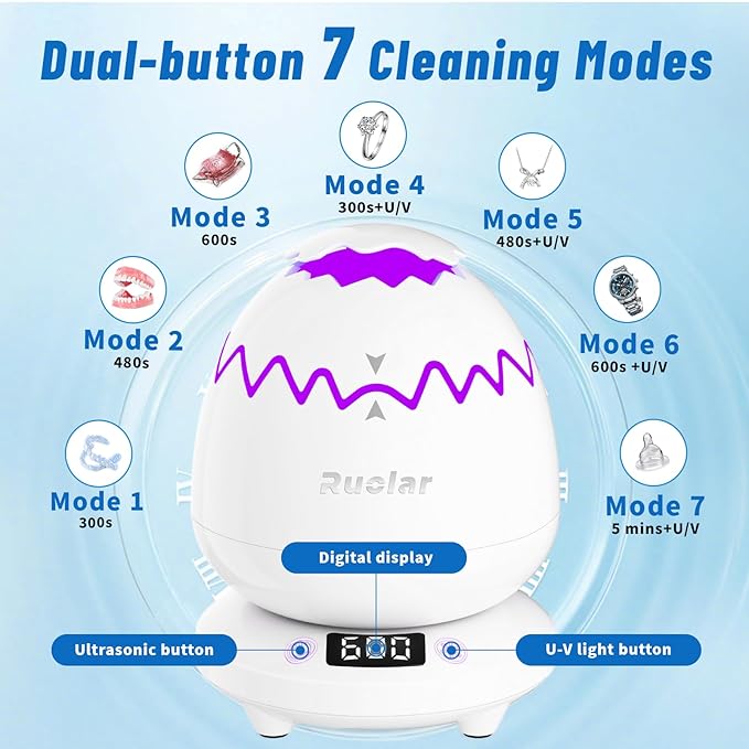 Ultrasonic Retainer Cleaner Machine for Dentures | 45kHz Dental Cleaning Pod for Aligner, Nightguard, Braces, Jewelry, Watch, 3 Timer Modes - with Cooling Fan & Removable Base Moonlight White
