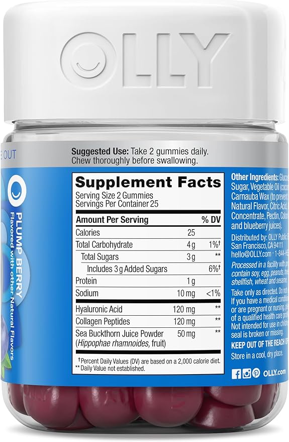 OLLY Glowing Skin Gummy, Hydrated & Youthful Skin,* Hyaluronic Acid, Collagen Peptides, Sea Buckthorn, Plump Berry Flavor, 25 Day Supply - 50 Count