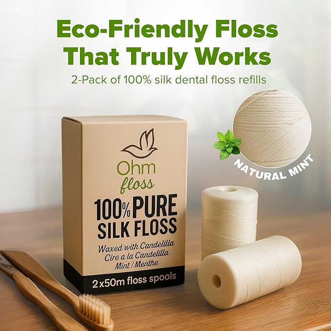 Ohm Earth’s Ohm Floss Refill – Natural Silk Dental Floss for Refillable Bamboo/Steel Holder, Candelilla Wax, 100% Compostable, Eco Oral Care, 109yds/100m (2-Pack) Natural Mint