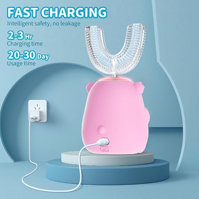 Kids U Shaped Electric Toothbrush, Automatic 360° Sonic Cleaning, 6 Modes, 4 Brush Heads, Cute Cartoon Koala Design (6-12 Age (Pink))