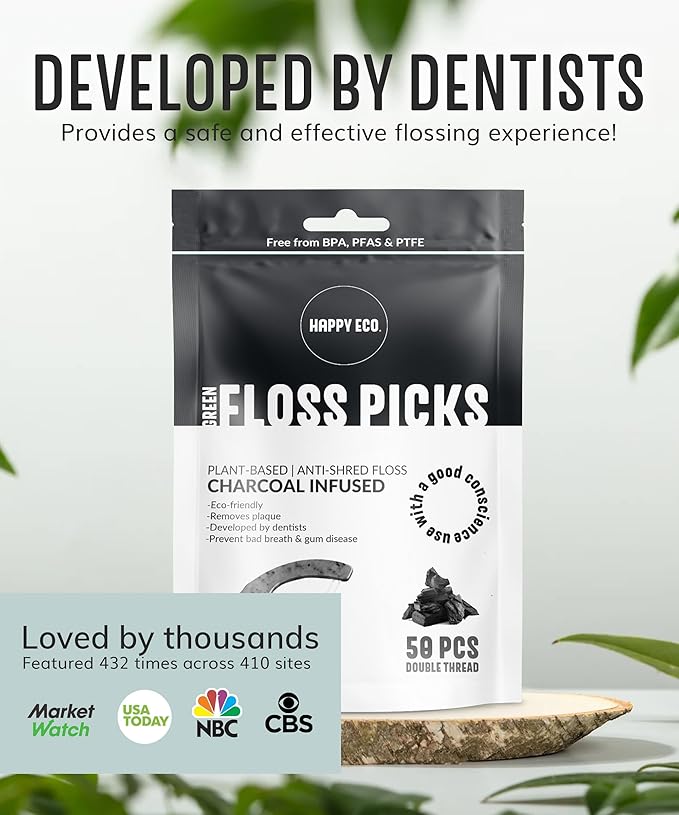 Floss Picks Biodegradable (100pcs) - Plant Based Dental Floss Picks, Natural Flossers for Adults & Kids, Nontoxic Vegan Tooth Pick Flossers & Eco Floss Sticks - Double Thread Charcoal