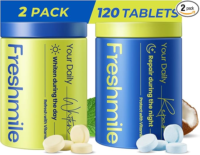 Freshmile Whitening Toothpaste Tablets with Nano-Hydroxyapatite (NHA), Natural Teeth Whitening & Repair, Xylitol for Fresh Breath, Fluoride-Free, Protects Sensitive Teeth & Gums (120 Count)