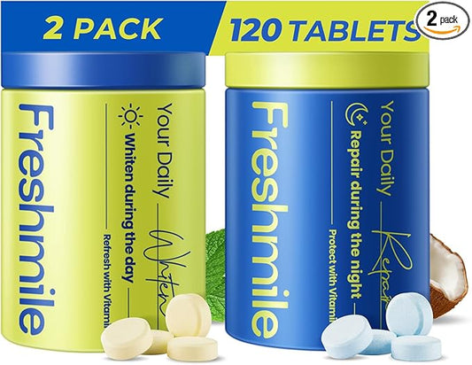 Freshmile Whitening Toothpaste Tablets with Nano-Hydroxyapatite (NHA), Natural Teeth Whitening & Repair, Xylitol for Fresh Breath, Fluoride-Free, Protects Sensitive Teeth & Gums (120 Count)