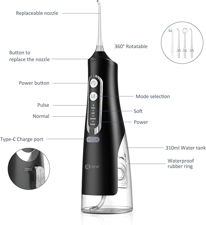 Cordless Dental Water Flosser for Teeth, Gums & Braces - Electric Oral Irrigator 310ML, 4 Modes, Rechargeable, 4 Jet Tips, Smart Memory, 360° Nozzle, IPX7 Waterproof & Low Noise (M209 - Black)