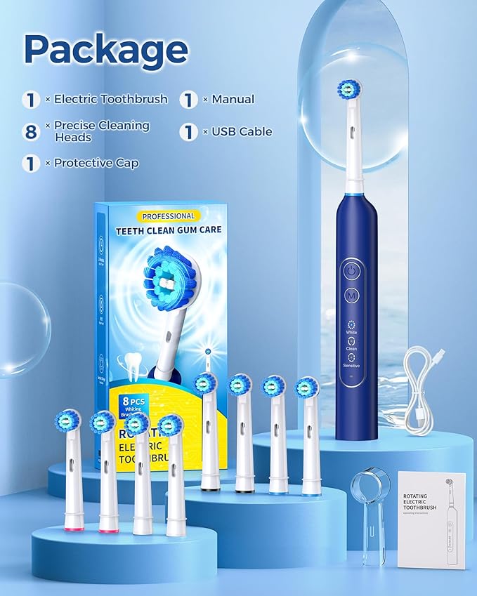 TEETHEORY Rotating Electric Toothbrush for Adults with 8 Brush Heads, Deep Clean Rechargeable Electric Toothbrush with 4 Modes and 2 Min Smart Timer, Last 30 Days and IPX7 Waterproof Blue