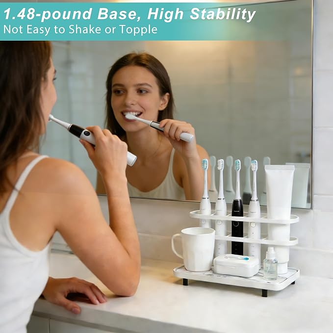 Electric Toothbrush Holders for Bathrooms, Bathroom Counter Organizer with Quick Dry Diatomaceous Earth Mat, 5 Slots Toothbrush and Toothpaste Holder White, for Bathroom Sink Organizer Countertop