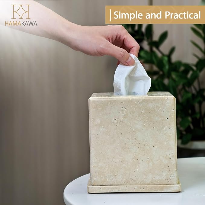 Natural Marble Tissue Box Cover, Beige Tissue Organizer 6 x 6 x 6 Inch, Heavy Stone Decorative Box, Square Tissue Box Holder for Home Decor, Kitchen, Bathroom, Bedroom