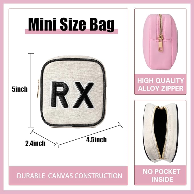 uekeboag Personalized Small Canvas Medicine Cosmetic Bag, Cute Plaid Pattern Chenille Letter Patch RX Drug Pouch with Zipper, Makeup Travel Gift Bag for Women and Girls (11Beige Canvas)