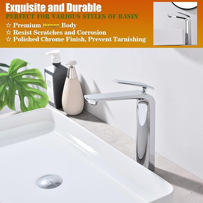 TOCALOCA Tall Vessel Bathroom Faucets Chrome Silver Basin Mixer Tap Single Handle1 Hole, Modern Vessel Sink Faucet Polished Chrome Basin Faucet Brass Single Lever Lavatory Faucet