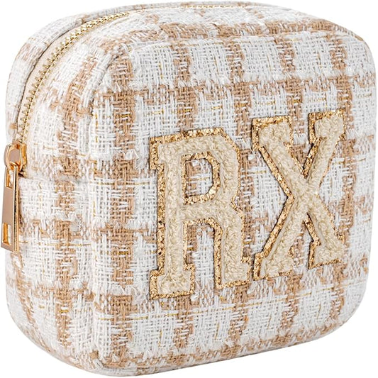 Small Medicine Bag for Travel, Personalized RX Chenille Letters Checkered Pouch for Women and Girls, Cute Meds Drug Makeup Bags with Zipper (01Beige Checkered)