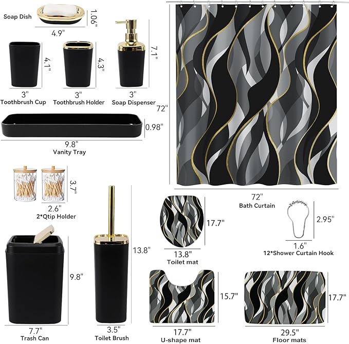 Bathroom Set - Black and Gold Bathroom Accessories, Bathroom Sets with Shower Curtain and Rugs, Black Shower Curtain Set with Bathroom Trash Can, Soap Dispenser, Soap Dish for Home Decor